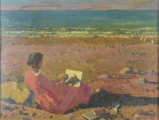 Gerald Gardiner (1902-1959) oil on board impressionist beach scene with girl sketching 'Drawing on