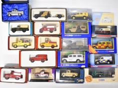 Nineteen Corgi diecast model Land-Rovers to include military, emergency and commercial vehicles, all