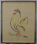 After Picasso colour print of a cockerel with signature lower right, 40 x 23cm, in polished metal
