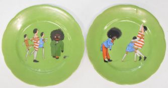 Florence K. Upton pair of Golly Dutch Doll Nursery China tea plates (c1900) transfer decorated in