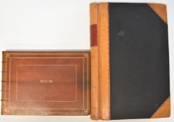 Part leather bound album marked to spine R Journal, 45 x 31cm together with a leather bound ledger