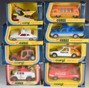 Eight Corgi Toys diecast model vehicles Ford Cortina Police Car 402, Thwaites Tusker Skip Dumper