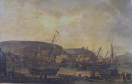 19thC coloured etching of Dover harbour, with label verso 'sold at Baldwyns sale 1876', 48 x 78cm in