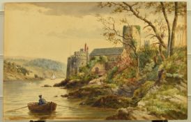 A.J.Couche watercolour river landscape 'Dartmouth Castle', signed lower right and titled verso, 26 x