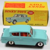 Dinky Toys diecast model Ford Anglia with turquoise body and red interior, 155, in original box.