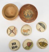 Early 19thC Picture Alphabet card game of 17 circular cards contained in a turned wooden box, height