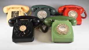 Five retro red, green, black and ivory coloured plastic vintage telephones, including 746F, 772