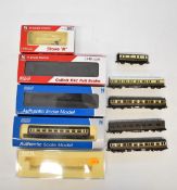 Six Dapol N gauge model railway coaches including Collett, some original boxes.