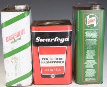 Two vintage or classic car interest Castrol oil cans and a Swargefa can