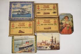 Six vintage railway and similar wooden jigsaw puzzles including GWR locomotives, Imperial Airlines