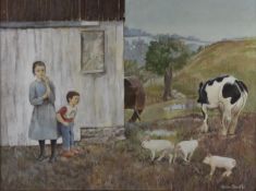 Miriam Boroff (1912-2021), watercolour girl and young boy playing with piglets in a farmyard, signed
