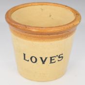 Stoneware advertising mixing bowl or steam pudding container reading 'Love's Choice Danish Dairy