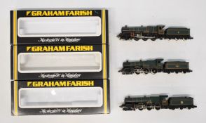 Three Graham Farish N gauge model railway locomotives comprising BR King John, Goodrich Castle and