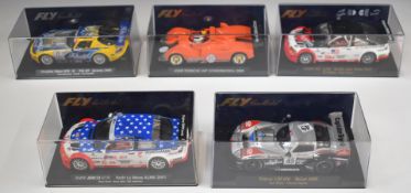 Five Fly Car Model model slot racing cars to include BMW M3 GTR, Chrysler Viper GTS-R and Marcos