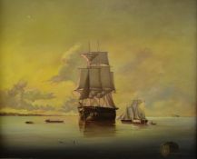 Michael Constable 20thC oil on board 'Dawn in the Bristol Channel c1750', sailing ship with