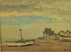 Hugh Boycott-Brown RSMA (1909-1990) beached boats with town beyond, initialled HBB lower right and