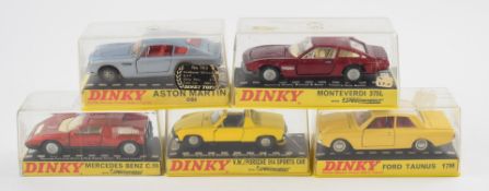Five Dinky Toys diecast model cars Aston Martin DB6 153, Ford Taunus 17M 154, Monteverdi 375L with