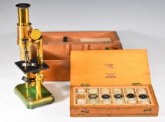Wooden cased brass microscope, height 26cm, together with a case of thirteen microscope slides