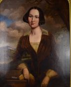 18th or early 19thC oil on canvas portrait of a lady holding a pair of gloves, with bridge in a