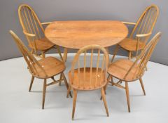 Ercol mid century modern light elm dining table and chairs, W126 x D110 x H72cm