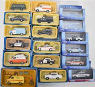 Eighteen Vanguards 1:43 scale diecast model police vehicles to include Jaguar XJ6 Series I Thames