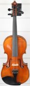 Beijing Xian Meng violin with 35.6cm two piece back, spruce top, maple sides and backs, ebony