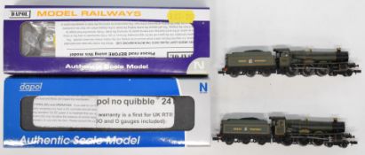 Two Dapol GWR N gauge model railway locomotives Priory Hall and Leighton Hall, both original boxes.