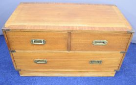 Mahogany campaign style low chest of three drawers, W94 x D50 x H55cm