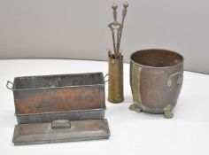 Copper ware including a riveted coal bucket raised on lion pad feet, rectangular vessel with 'John