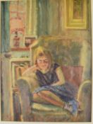 Rita Greigg RWA ROI NEAC (1918-2011) 'Girl in Armchair', initialled lower left and with label verso,