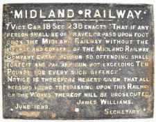 Midland Railway cast iron trespass sign, dated 1893, 51 x 67.5cm