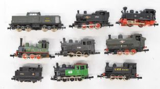 Nine Hornby Minitrix and other N gauge model railway locomotives including Continental and