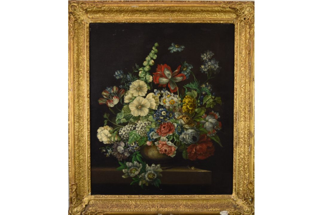 Oil on canvas still life of flowers in a vase, with snail on the table beside it, 52 x 43cm, in - Image 2 of 3