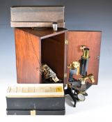 C Baker of London brass and cast metal microscope with Beck and Carl Zeiss lenses, serial number