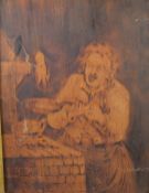 J W Wells Victorian pokerwork continental style study of a man cooking, signed and dated 1853 verso,