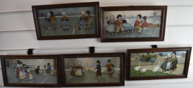 Five Ethel Parkinson prints depicting groups of children in Dutch or similar landscapes, each 14 x