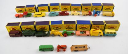 Twenty Matchbox Moko Lesney 1-75 series diecast model vehicles including 1, 2, 3, 9, 14,15, 24,