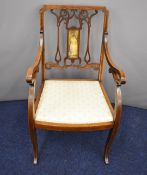 Edwardian upholstered inlaid mahogany chair with picture back