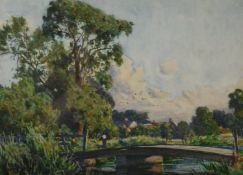 Sir Alfred East RA RBA (1844-1913) watercolour 'Figure on a footbridge', signed lower left, 27 x