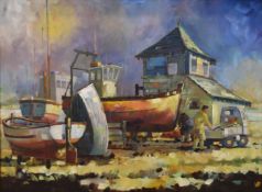 John Bassage (20thC British) oil on canvas beached boats, signed lower right and artist's label