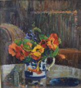 Rita Greigg RWA ROI NEAC (1918-2011) oil or acrylic on board 'Nasturtium flowers & reflections',