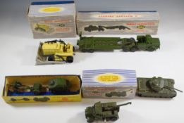 Five Dinky Supertoys diecast vehicles comprising Blaw-Knox Bulldozer 961, Tank Transporter 660,