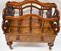 19th/20thC inlaid walnut and mahogany Canterbury with fretwork fleur de lys ends, raised on