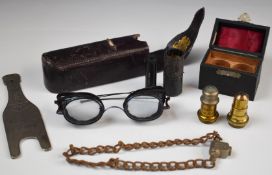 Cased Dixey Victorian spectacles with flyscreen or similar guards, cased pair of Ernst Leitz