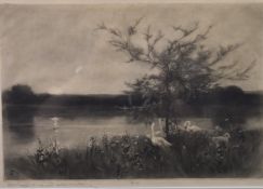 Sir Alfred East RA RBA (1844-1913) signed etching lake scene with swans, signed and dedicated