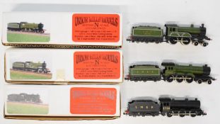 Three Union Mills LNER N gauge model railway locomotives B12/3, D20 and J39, all original boxes.