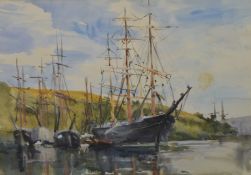Watercolour maritime estuary scene, sailing ships on a buoy, 24 x 34cm, in gilt frame