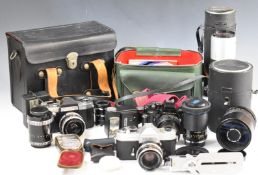 Three 35mm SLR cameras, lenses and accessories including Jenaflex AM-1 with 50mm 1:1.8 and 70-