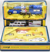 Three Corgi diecast model gift sets comprising Emergency Set 20, Mounted Police Set 44 and RCMP