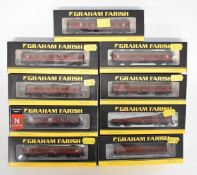 Nine Graham Farish LMS N gauge model railway coaches, all in original boxes.